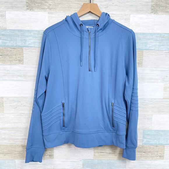 Athleta Venice Moto Tech Hoodie Sweatshirt Blue 1/4 Zip Stretch Womens Large - Picture 1 of 8
